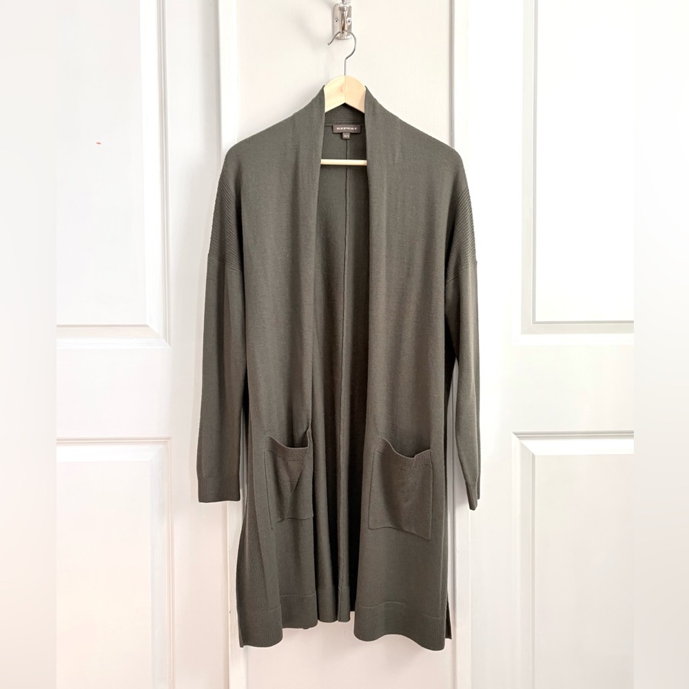 Repeat 100% Merino Wool Long Open Cardigan | Olive | Size 38/S